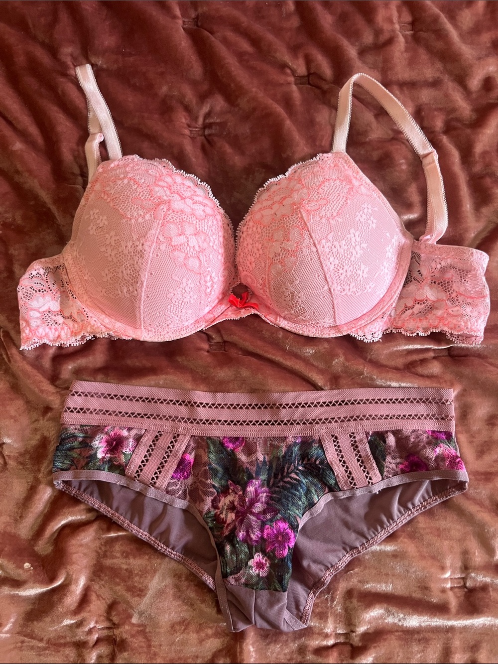Victoria's Secret Pink Lace Push-Up Bra with Floral Hipster Briefs
